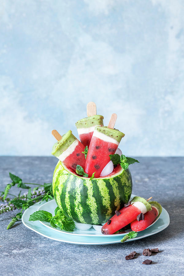 Watermelon Popsicles With Kiwi, Yogurt And Chocolate Chunks Photograph by Irina Meliukh