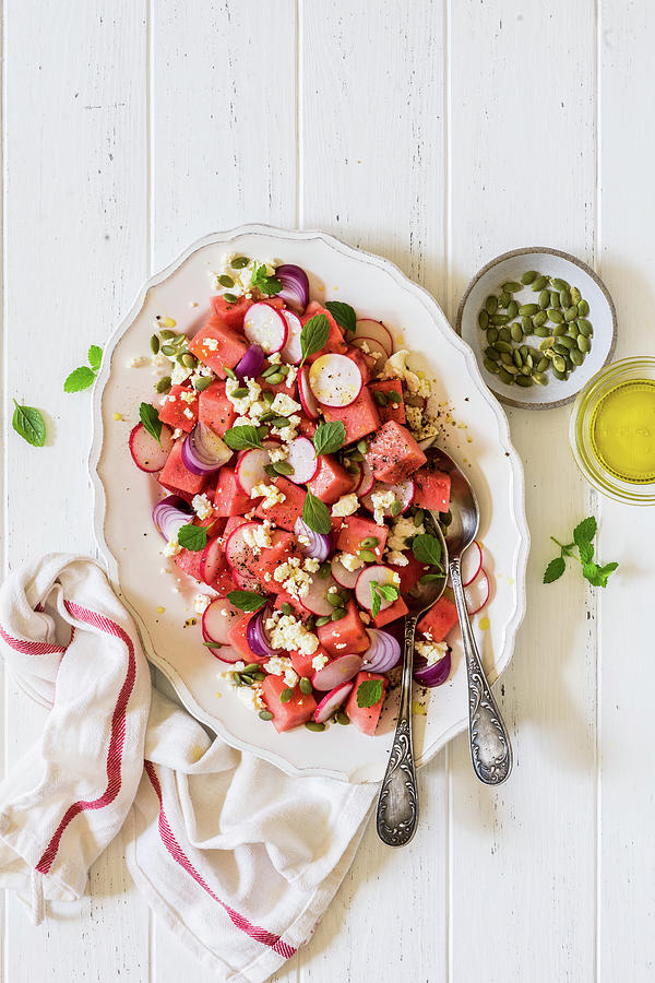Watermelon, Radish, Feta, Red Onion And Pepita Seed Salad Photograph by Vorona Tatiana