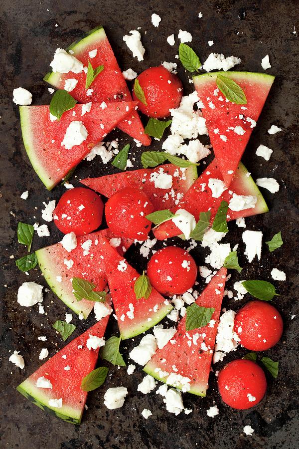 Watermelon Salad With Feta Cheese And Fresh Mint seen From Above Photograph by Jane Saunders