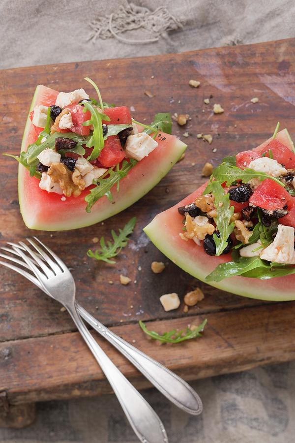 Watermelon Salad With Rocket, Walnuts And Sheeps Cheese Photograph by Sandra Eckhardt