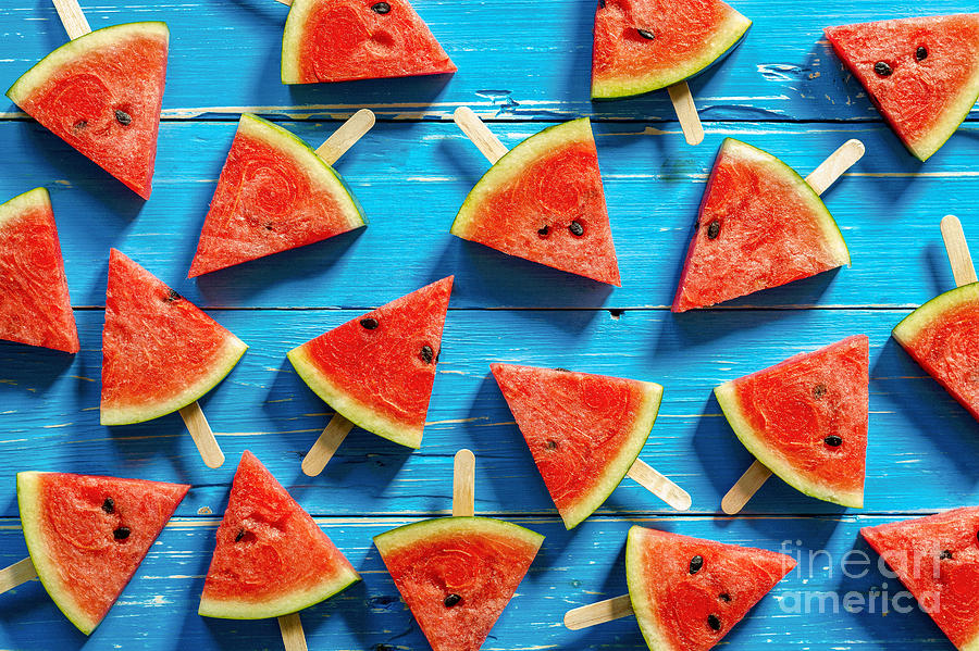 Summer Photograph - Watermelon Slice Popsicles On A Blue by I Am Kulz Summer Photograph - Watermelon Slice Popsicles On A Blue by I Am Kulz