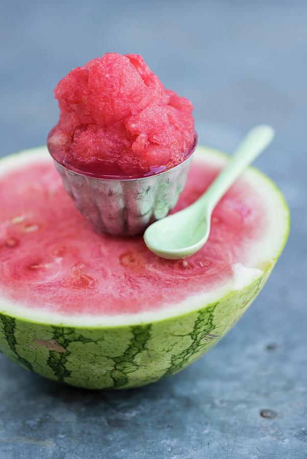 Watermelon Sorbet On Half A Watermelon Photograph by Lucy Parissi