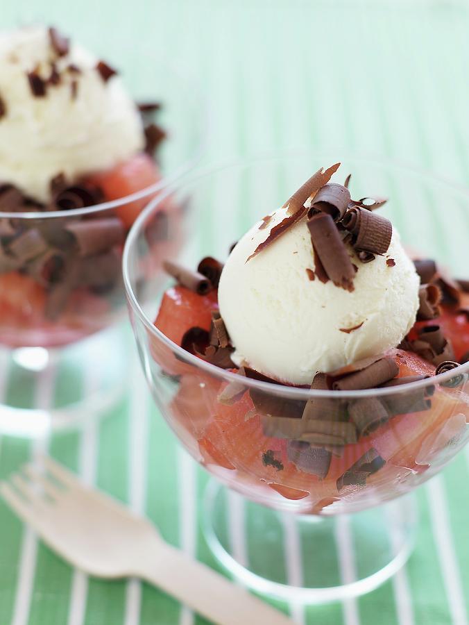 Watermelon Topped With Scoops Of Vanilla Ice Cream And Chocolate Shavings In Dessert Bowls Photograph by Grablewski, Alexandra