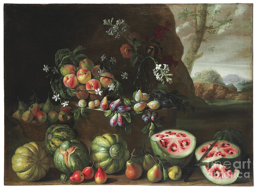 Pumpkin Painting - Watermelons, Peaches, Pears And Other Fruit In A Landscape by Giovanni Stanchi