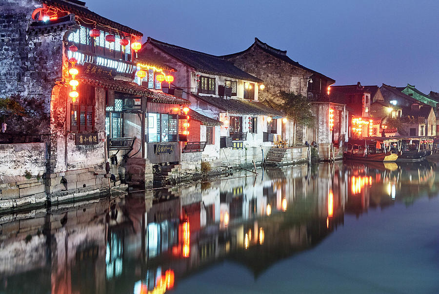 Waterway And Traditional Buildings At Dusk, Xitang Zhen, Zhejiang ...