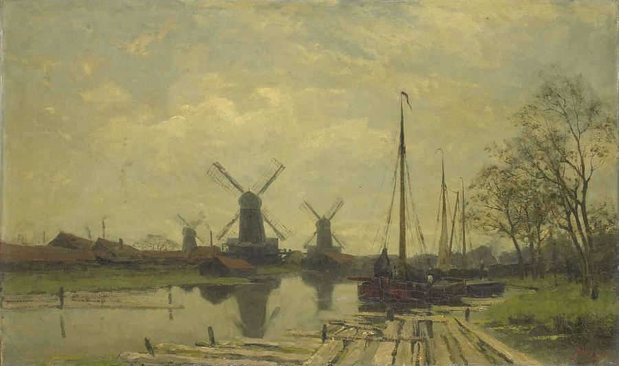 Waterway near the Baarsjes, Amsterdam. Painting by Jan Hillebrand Wijsmuller -1855-1925-