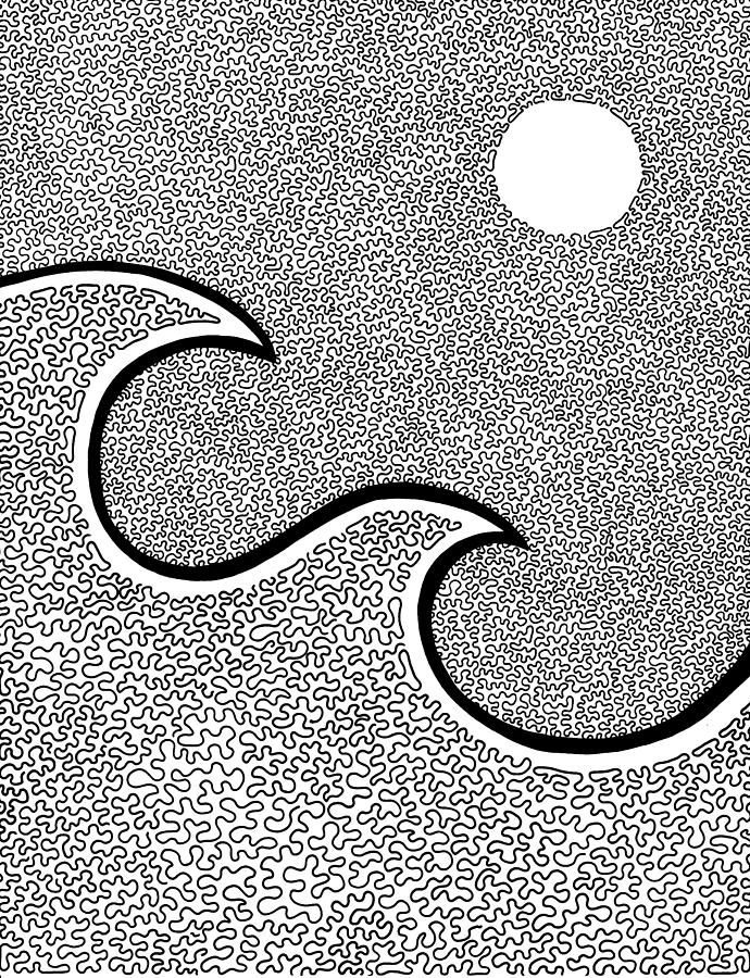 Wave And The Moon Drawing by A Mad Doodler