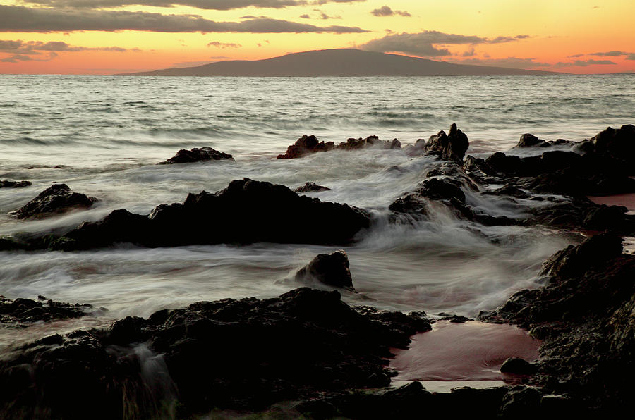 Waves Washing Over Lava Rock At Sunset Photograph by Timothy Hearsum