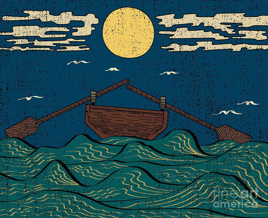 Japanese Design Digital Art - Wavy Sea Water Landscape Depicting Boat by Drug Naroda