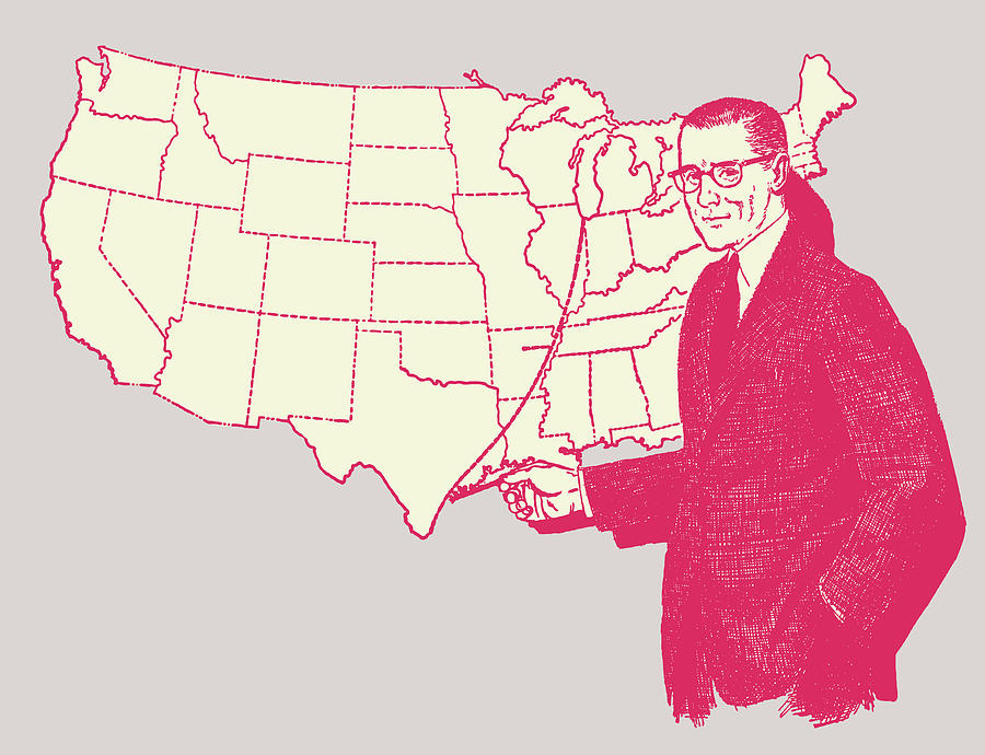 Weatherman Drawing Line from Great Lakes to Texas Drawing by CSA Images