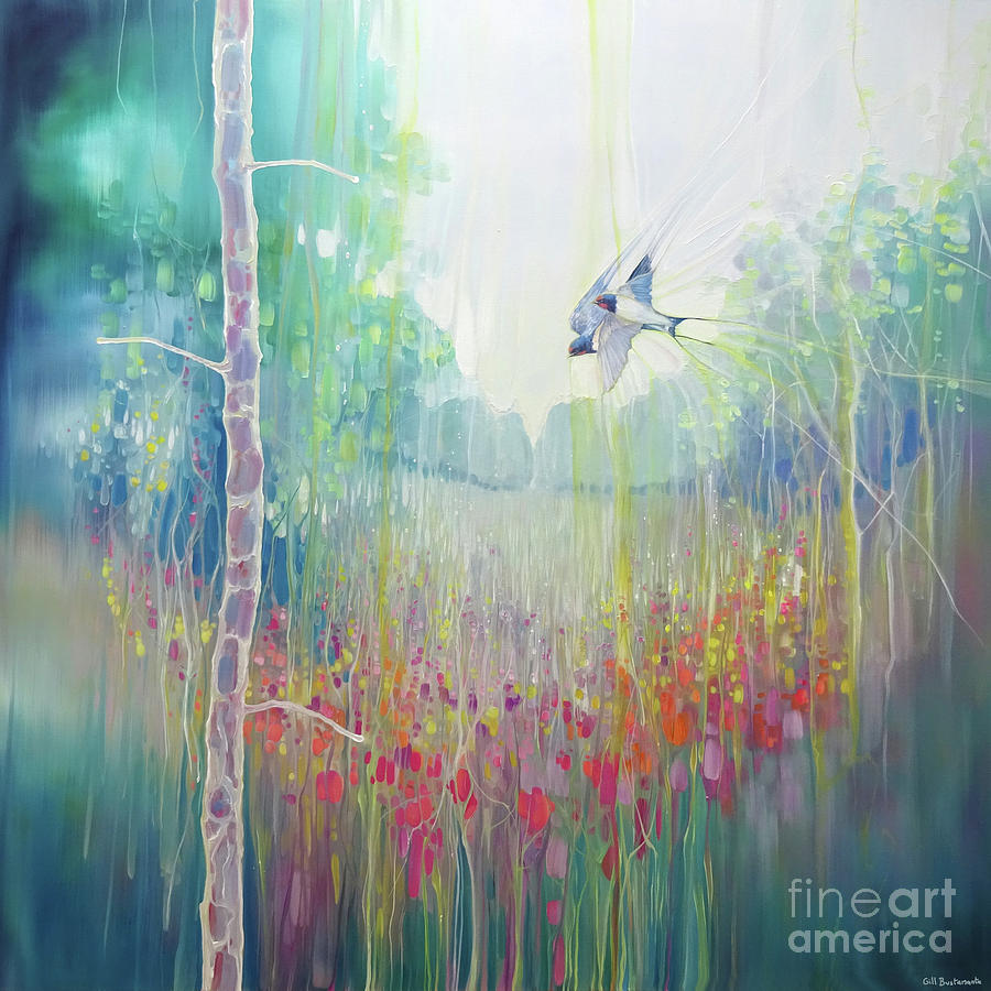 Weaving Summer - large, semi abstract oil on canvas of a summer meadow with swallows Painting by Gill Bustamante