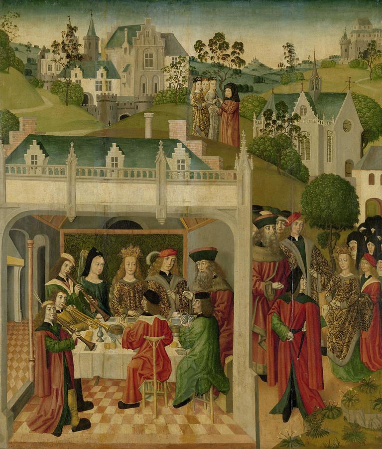 Wedding Feast of Saint Elizabeth of Hungary and Louis of Thuringia in the Wartburg, inner left wi... Painting by Master of the St Elizabeth Panels