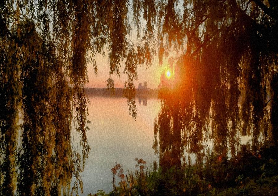 Weeping Willows Sunset Near A Lake At Hamburg Germany After The Style Of Albert Bierstadt L B Digital Art