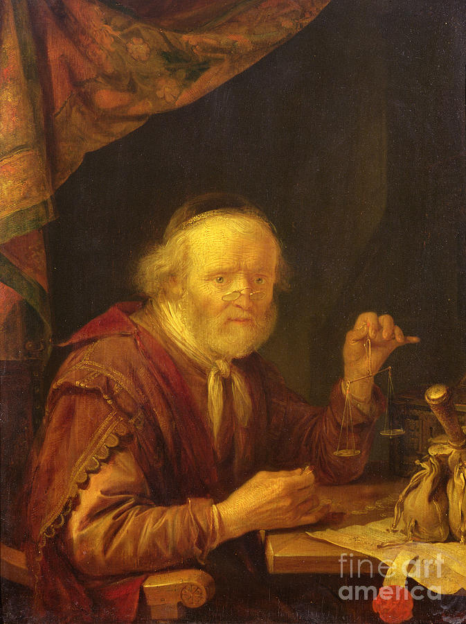 Jew Painting - Weighing Gold by Gerrit Or Gerard Dou