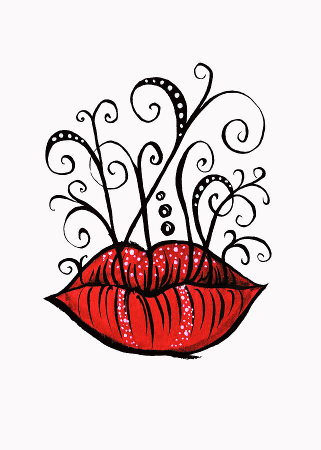 Cool Drawing - Weird Lips Ink Drawing Tattoo Style by Boriana Giormova