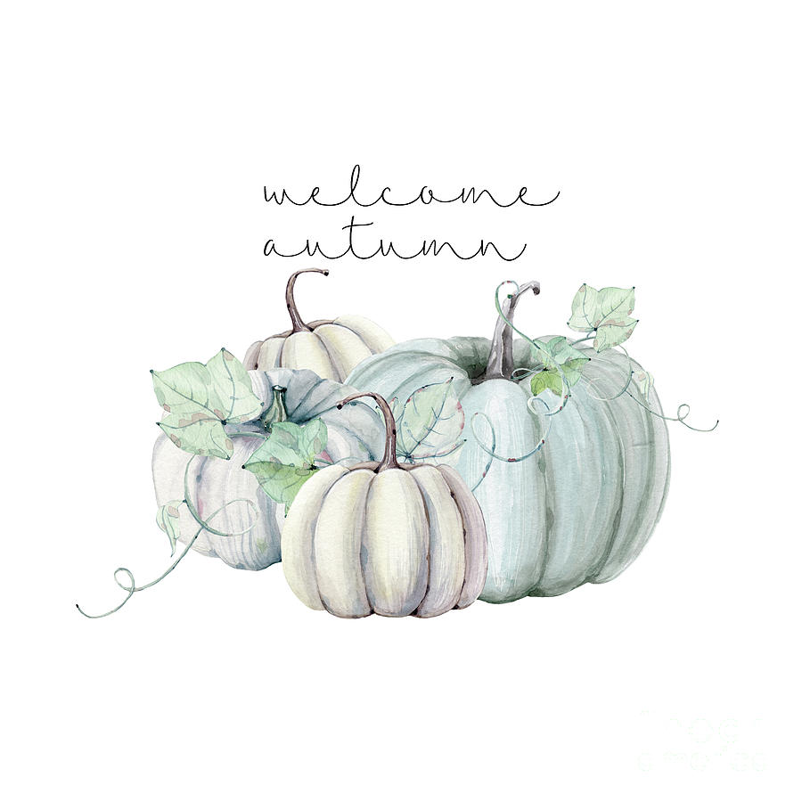 Typography Digital Art - Welcome Autumn Blue Pumpkin by Sylvia Cook