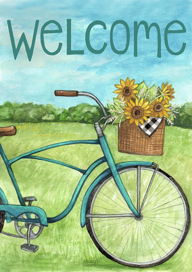 Summer Painting - Welcome Blue Bike With Sunflowers by Melinda Hipsher