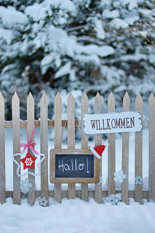 Welcome Signs On The Wooden Fence In The Snowy Garden Photograph by Angelica Linnhoff