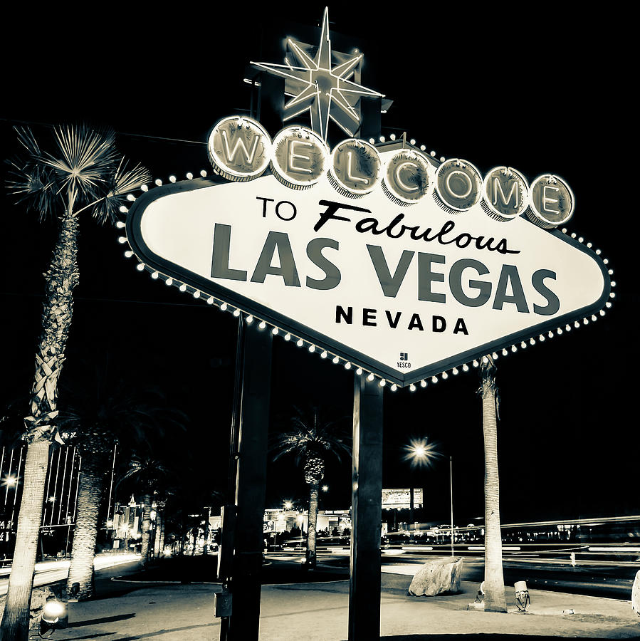 Las Vegas Skyline Photograph - Welcome to Las Vegas Neon Sign - Nevada USA 1x1 Sepia by Gregory Ballos