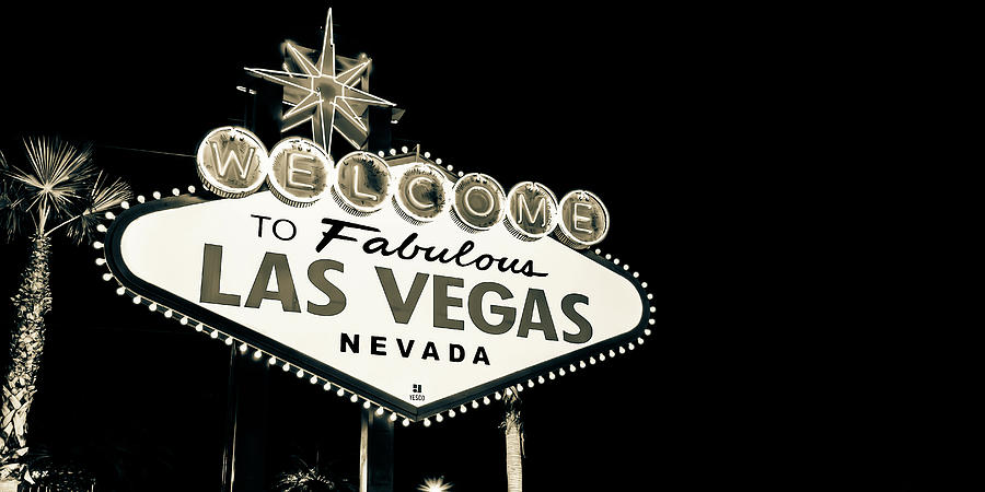 Las Vegas Skyline Photograph - Welcome to Las Vegas Neon Sign - Nevada USA Sepia Panorama by Gregory Ballos