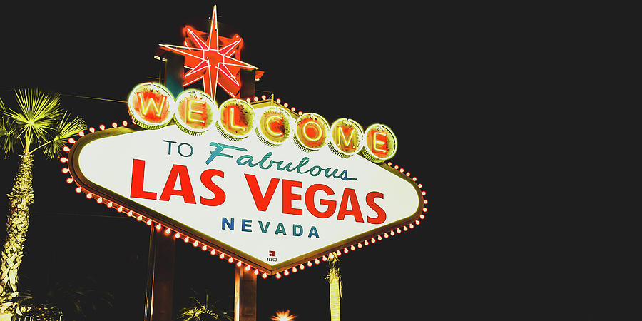 Las Vegas Skyline Photograph - Welcome to Las Vegas Neon Sign - Nevada USA Vintage Panorama by Gregory Ballos