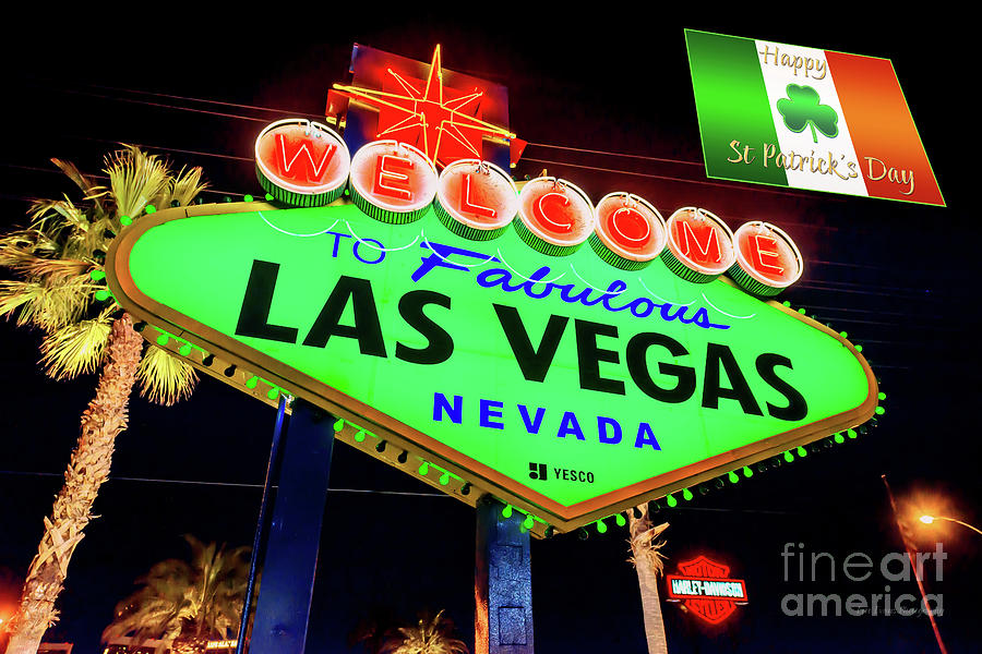 Las Vegas Photograph - Welcome to Las Vegas Sign Green St Patricks Day With Flag by Aloha Art