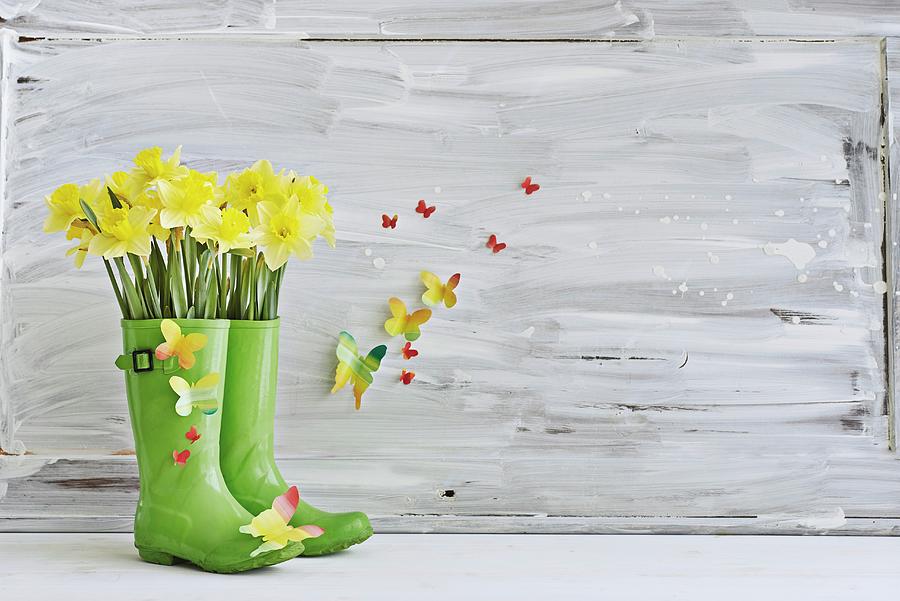 Wellington Boots Repurposed As Spring Vase & Decorated With Paper Butterflies Photograph by Patsy&christian