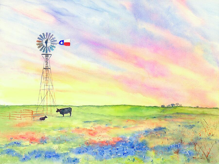 West Texas Ranch Landscape Windmill Painting by Carlin Blahnik CarlinArtWatercolor