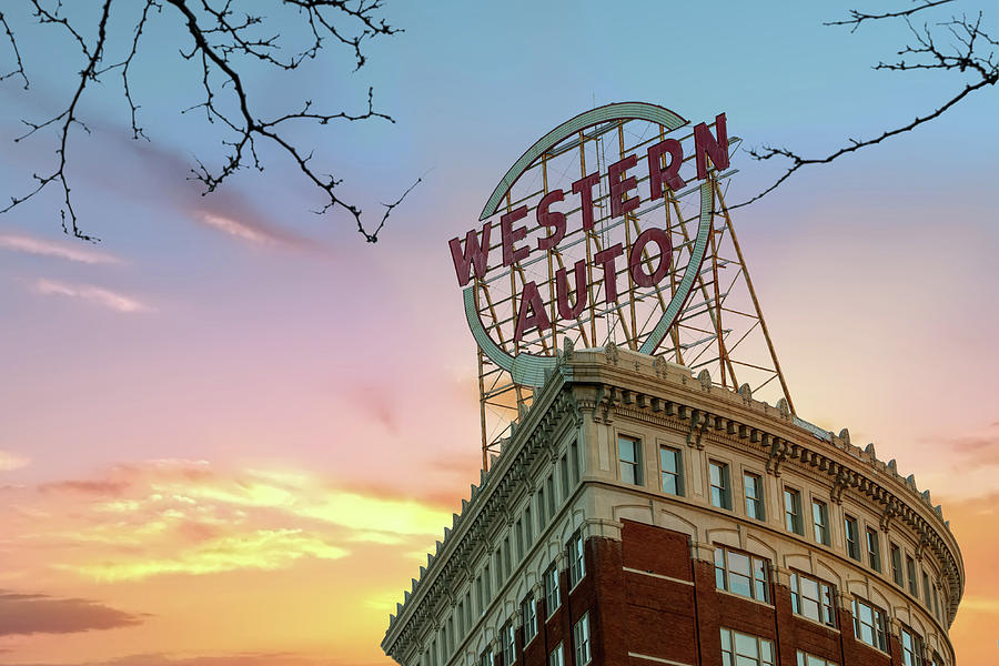 Western Auto Neon Sign at Sunrise - Downtown Kansas City Missouri Photograph by Gregory Ballos