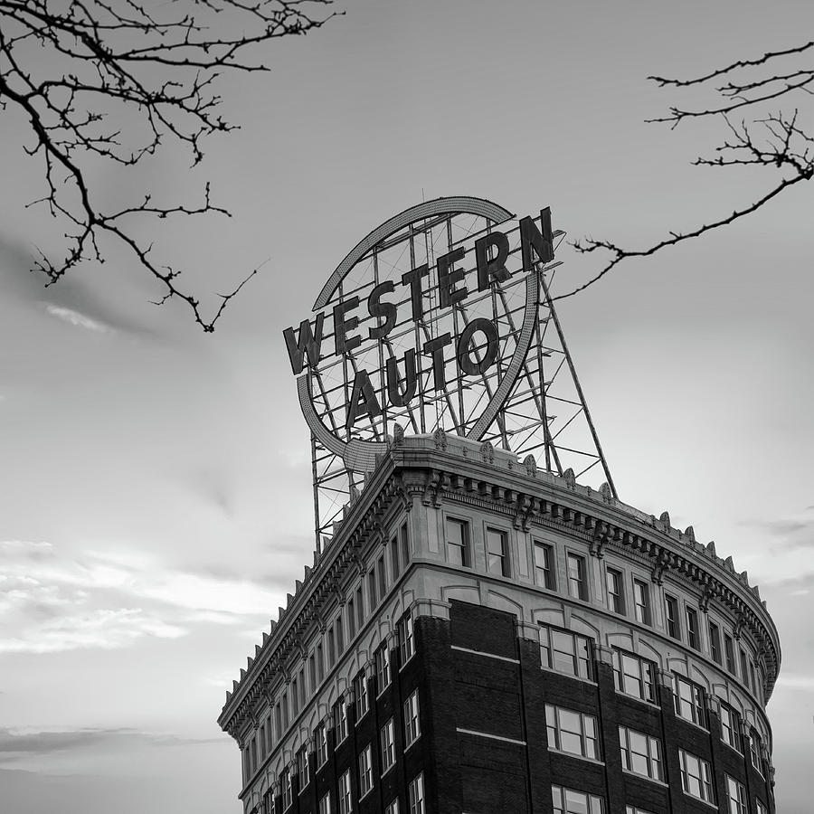 Black And White Photograph - Western Auto Neon Sign at Sunrise - Downtown Kansas City Monochrome by Gregory Ballos