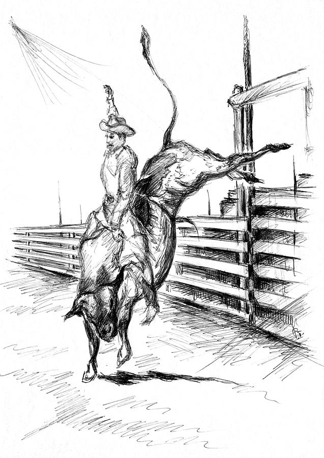 Western Rodeo Bull Ride Pencil Drawing Drawing by Peter Potter