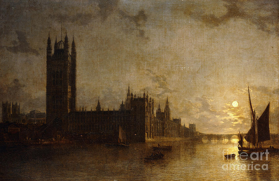 Westminster Abbey, The Houses Of Parliament With The Construction Of Westminster Bridge, 1859 Painting by Henry Pether