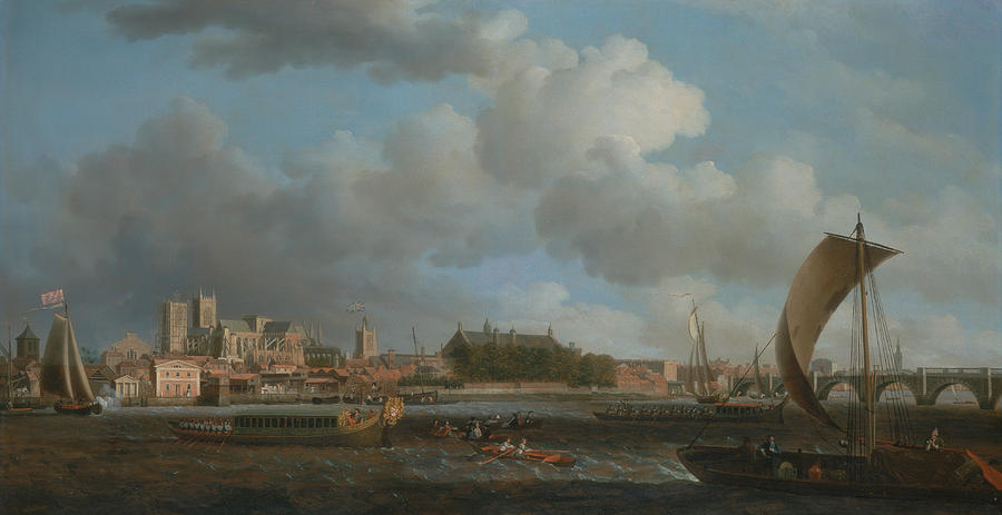 Westminster from Lambeth, with the Ceremonial Barge Painting by Samuel Scott
