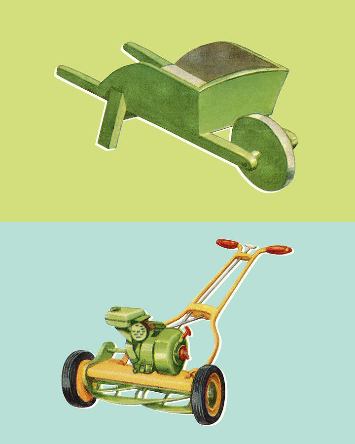 Vintage Drawing - Wheelbarrow and Lawn Mower by CSA Images