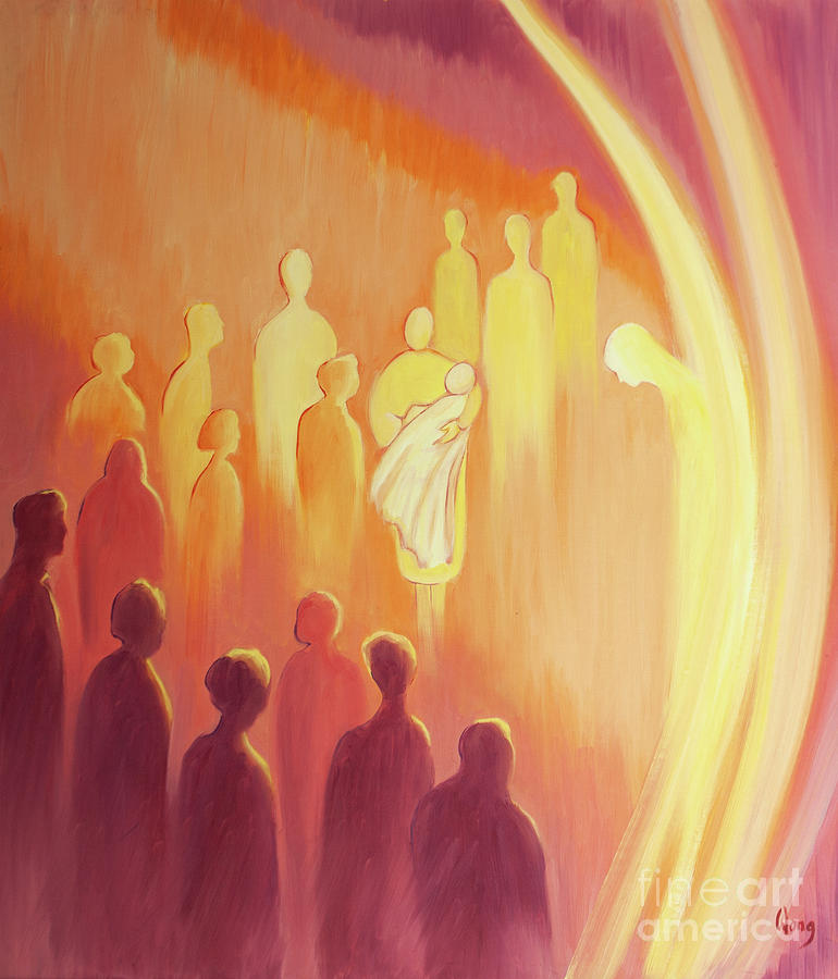 When A Child Is Given Divine Life At Baptism Its Guardian Angel Is Filled With Joy Painting by Elizabeth Wang