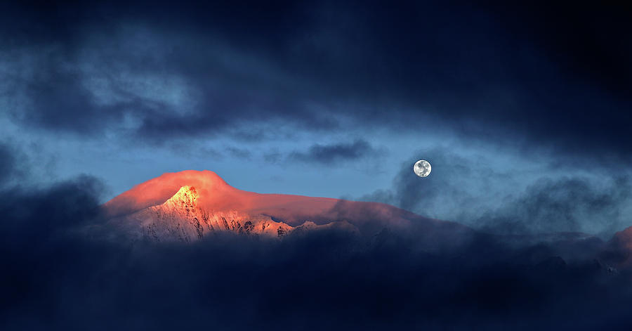 When The Sun Kisses And Moon Enlightens Photograph by Sunrise In Mountain Niubei, A Pool Of Clouds
