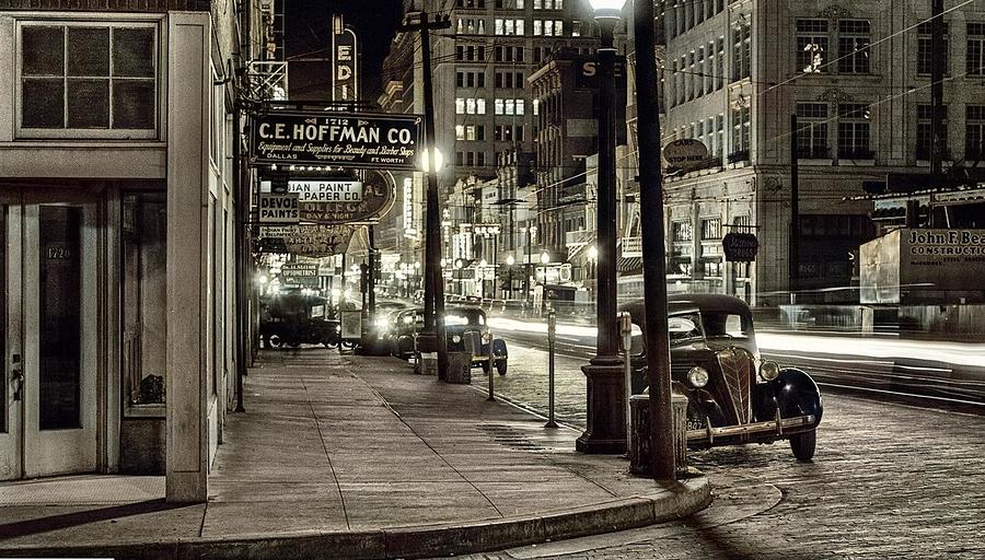 Where The Sidewalk Ends, Dallas, 1942, Night View, Downtown Section. Dallas, Texas  By Arthur Rothst Painting