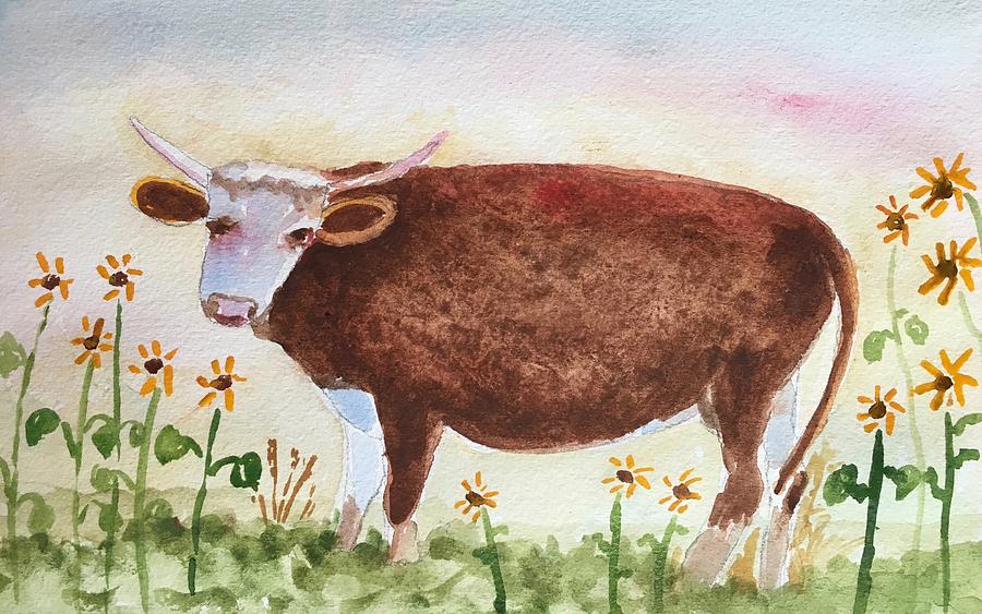 Whimsical Cow With Sunflowers Painting