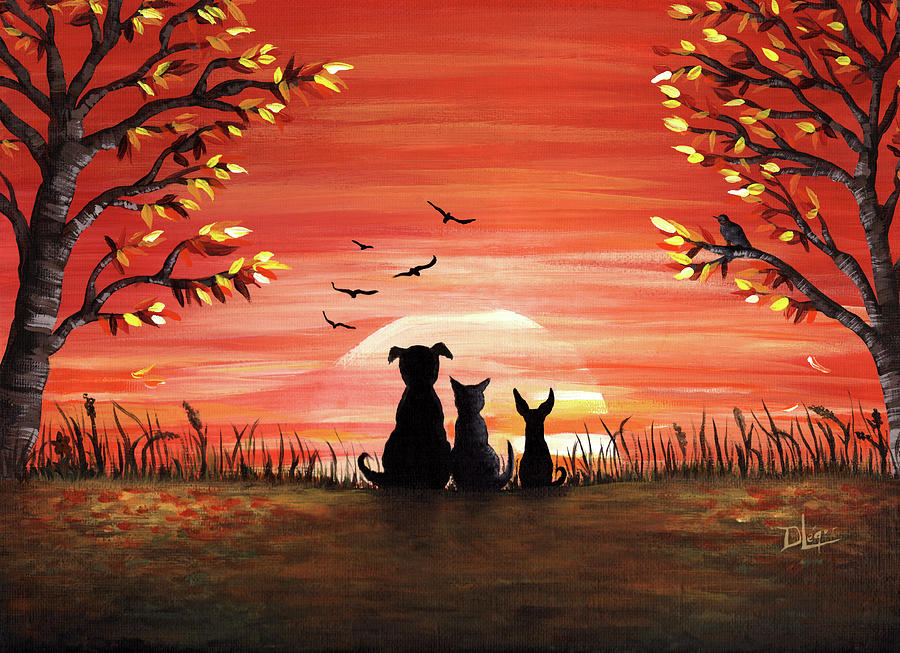 Sunset Painting - Whimsical Pets Autumn Sunset by Donnaistic