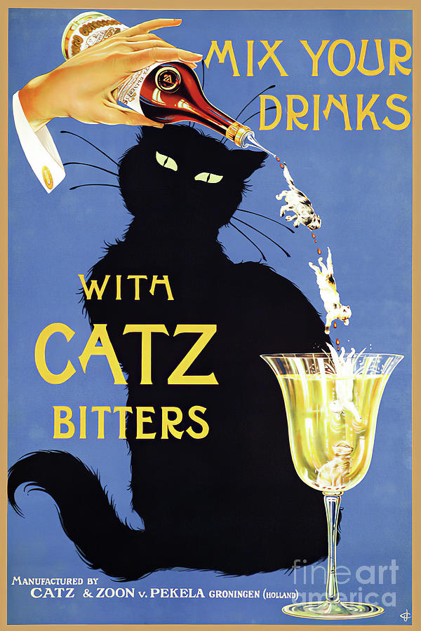 Whimsical vintage liquor  black cat ad for bitters Painting by Tina Lavoie