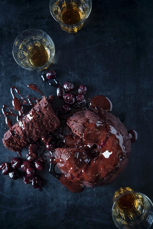 Whiskey And Chocolate Pudding With Cherries Photograph by Great Stock!