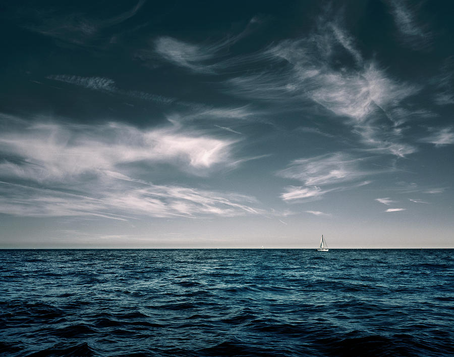 Whispy Clouds Over Sea, Yacht On Horizon Photograph by Rjw