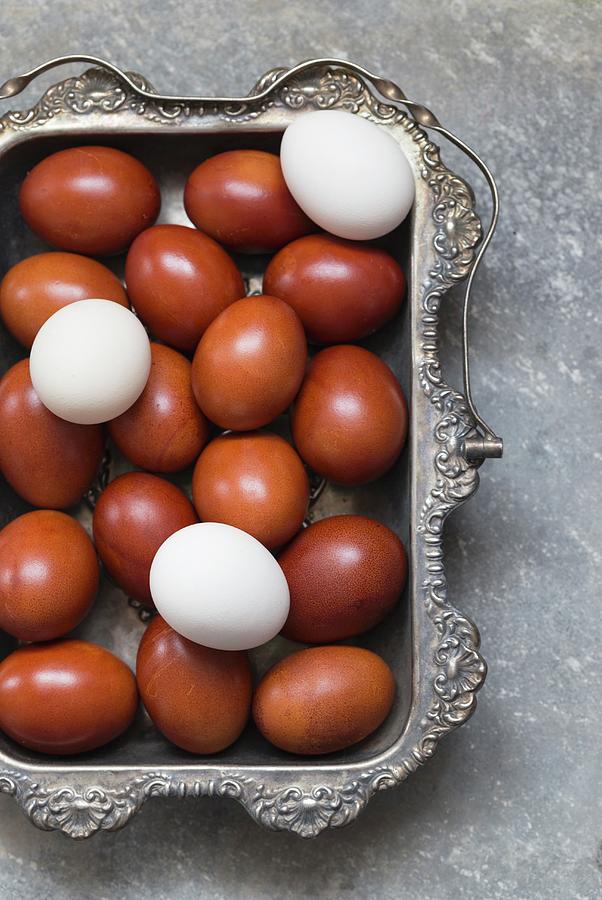White And Brown Eggs In A Silver Tray Photograph by Adel Bekefi