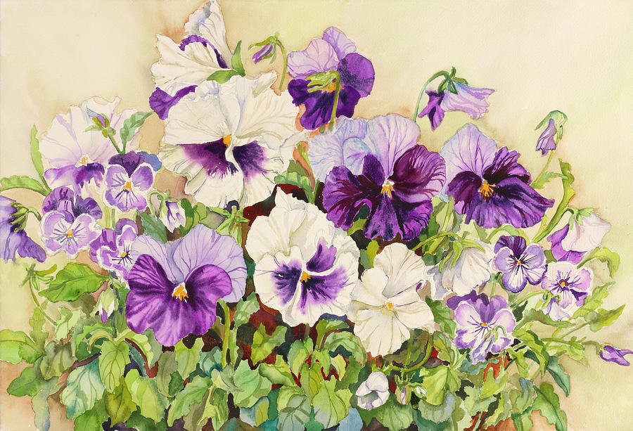 Flower Painting - White And Purple Pansies by Joanne Porter