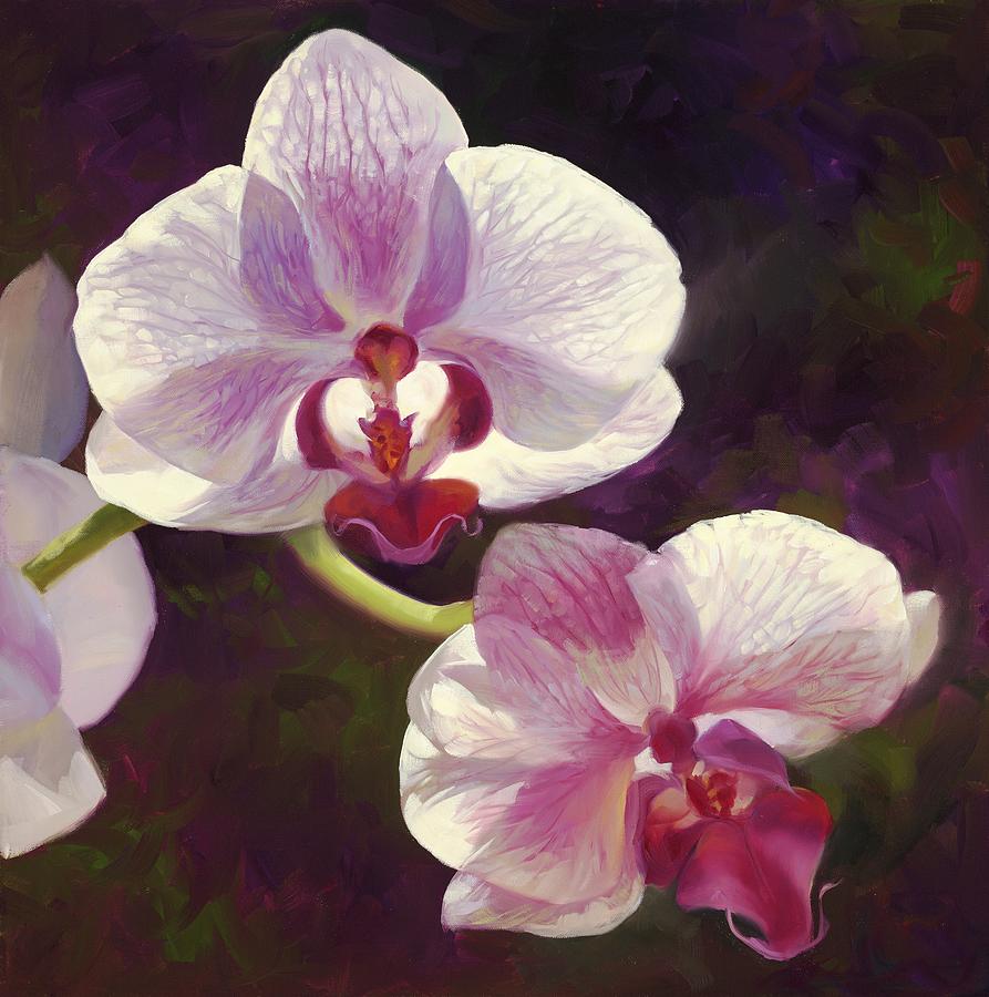 Still Life Painting - White and Purple Phali Flower by Laurie Snow Hein