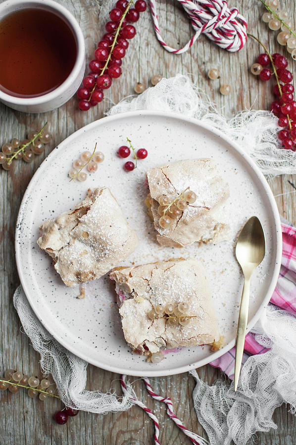 White And Red Currant Cake With Meringue Toppingwith Cup Of Tea Photograph by Kachel Katarzyna
