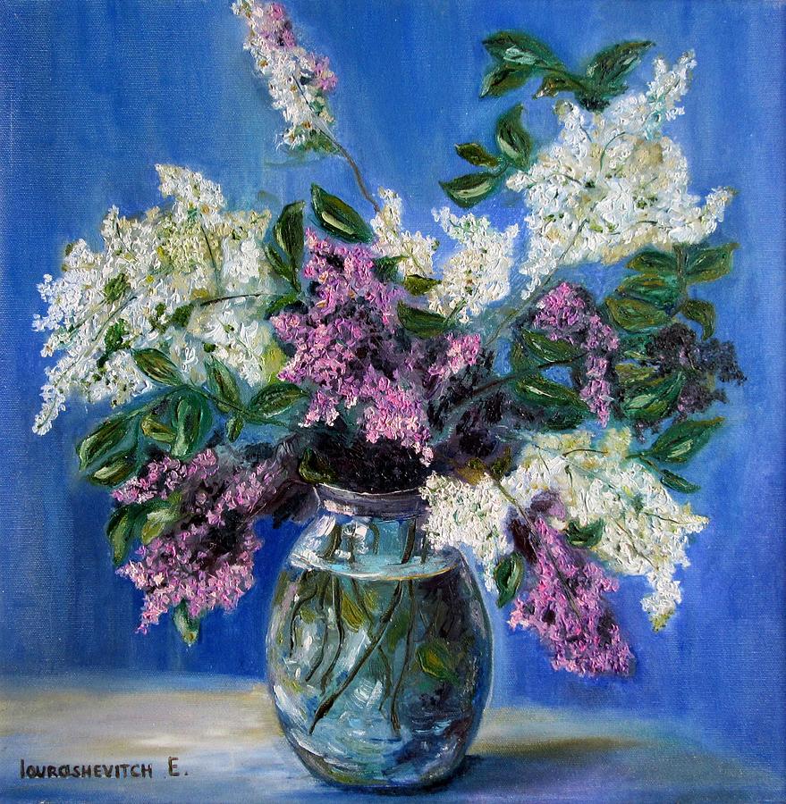 White and violet lilac bunch in a transparent bowl oil modern paintings ...