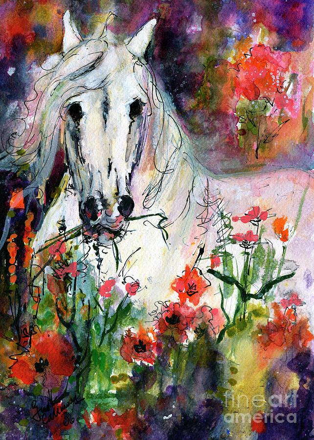 White Andalusian Stallion in Poppy Field Painting by Ginette Painting by Ginette Callaway