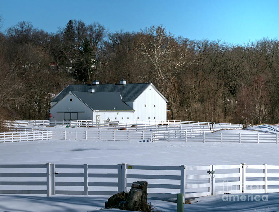 White Barn in Winter Landscape Photograph by Sandra Js