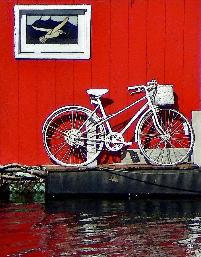 White Bike on Red Floating House Digital Art by Gary Olsen-Hasek